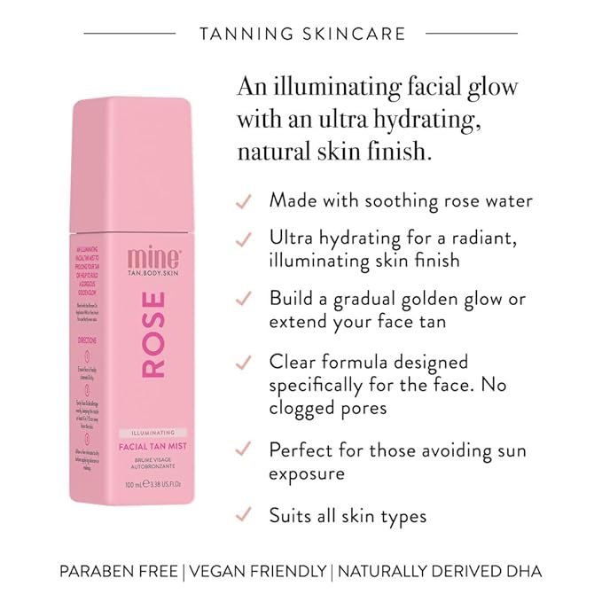 Minetan Rose Face Tan Mist | Clear Facial Self Tanning Spray | Gradual Daily Sunless Tanner, Infused | Soothing Rose Water & Vitamin C | Hydrating, Golden Glow Skin Finish | 3.38 Fl Oz