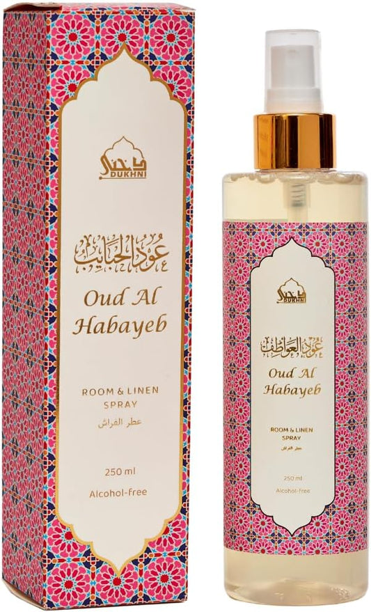 Oud al Habayeb Arabic Room Spray by Dukhni | 250ml Oud fragrance Air Freshener, Attar al Faraash for home & prayer mats | Bed linen, Sofa Mist, natural home scent, curtain spray, odour eliminator