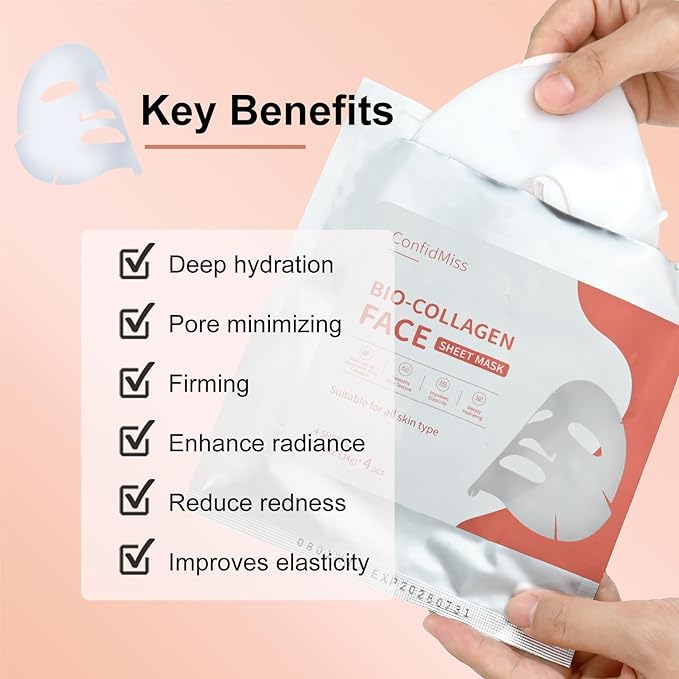 Bio-Collagen Real Deep Face Mask,with Niacinamide Hyaluronic Acid Collagen Deeply Hydrating Brightening Anti-Aging Elasticity Improvement Overnight Facial Mask For Glass Glow Skin 4 Sheets
