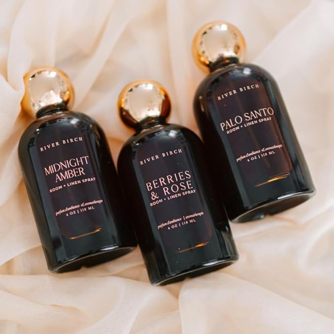 River Birch Luxury Linen and Room Spray - Midnight Amber Home Signature Scent - Room Fragrance Spray - Fragrant Fresh Linen Air Freshener - Handmade in Texas - 4 oz Glass Amber Gold Top