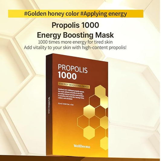 WELLDERMA Propolis 1000 Energy Boosting Sheet Mask – 5 Sheets | Korean Face Mask for Hydration, Vitality & Radiant Care | Infused with Propolis Extract 1,000ppm & Honey