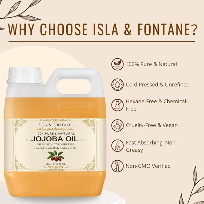 ISLA & FONTANE Jojoba Oil Set – 2L/67.6 Fl Oz | 100% Pure & Natural | Golden, Unrefined, Cold Pressed | 2 Dropper Bottles & Beauty Massager | Hexane-Free Carrier Oil for Skin, Hair, Face, Nails & Body