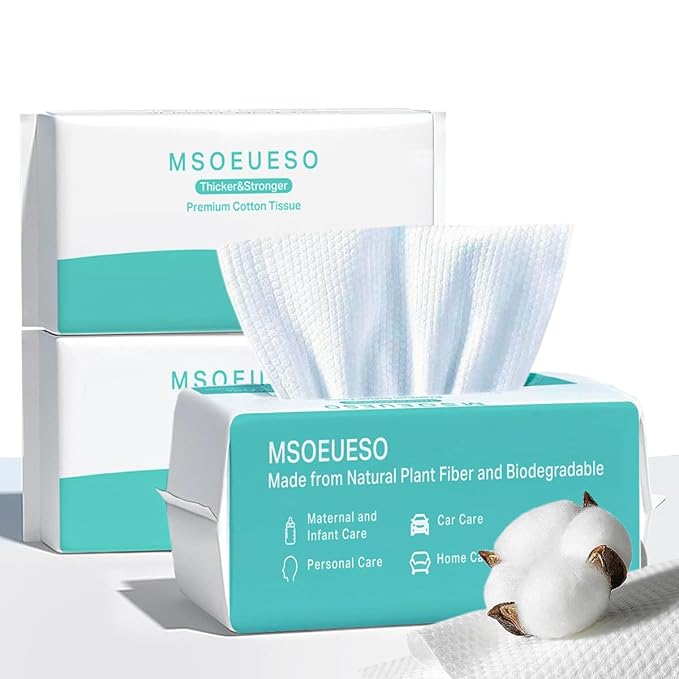 MSOEUESO Soft Dry Wipes Cotton Facial Tissues, 300 Count Disposable Face Towels, Cotton face Towel for Sensitive Skin, Facial Cleansing, Makeup Removing, Surface Cleaning (300 Count (Pack of 3))