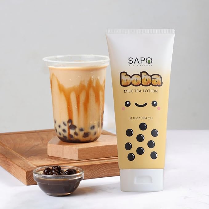 Sapo Boba Milk Tea Body Lotion - Hydrating Moisturizer with Aloe, Hyaluronic Acid, Coffee Extract and Vitamin E - Sweet Caramel Scent, 12 oz