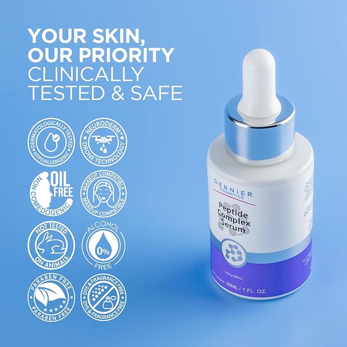 Dernier Peptide Serum for Face 5% - Powerful Multi-Peptide with Hyaluronic Acid Serum Skin Hydrating Brightening Dark Spot Treatment Anti-Aging Reduces Fine Lines & Wrinkles Antioxidant Glow (1 fl oz)