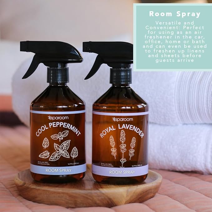 SpaRoom Linen Spray 2-Pack Combo – Cool Peppermint & Royal Lavender Aromatherapy Set with Essential Oils, Mist for Bedding, Linens, and Home – 2 x 16.9 oz Variety Pack