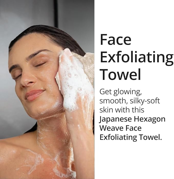 Exfoliating Washcloth Face & Body Scrub Towel - Japanese Exfoliating Towel with Hexagon Fibers, Body Scrubber with 2 Sides for Scrubbing & Washing (Nude, 27cm x 35cm)