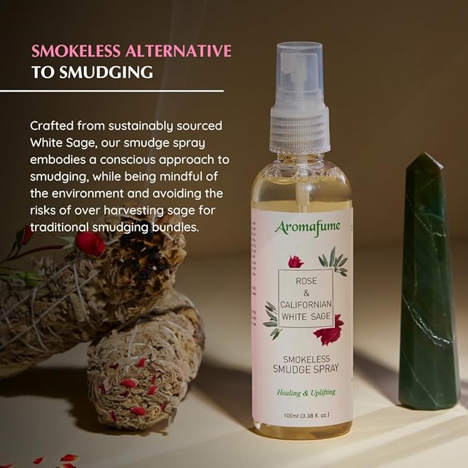 White Sage & Rose Smudge Spray by Aromafume | 100ml/3.3 oz | Sage Spray for Cleansing Negative Energy & Protection | Room Spray for Spiritual Cleansing, Smokeless Sage Smudging