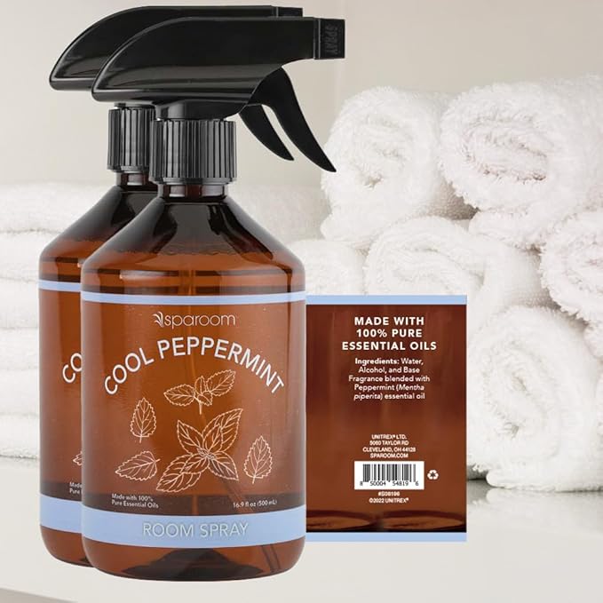 SpaRoom Cool Peppermint Linen Spray 2-Pack – Dual Bottle Essential Oil Mist for Bedding, Fabrics, and Rooms, Minty Refreshment for Sleep and Relaxation – 2 x 16.9 oz