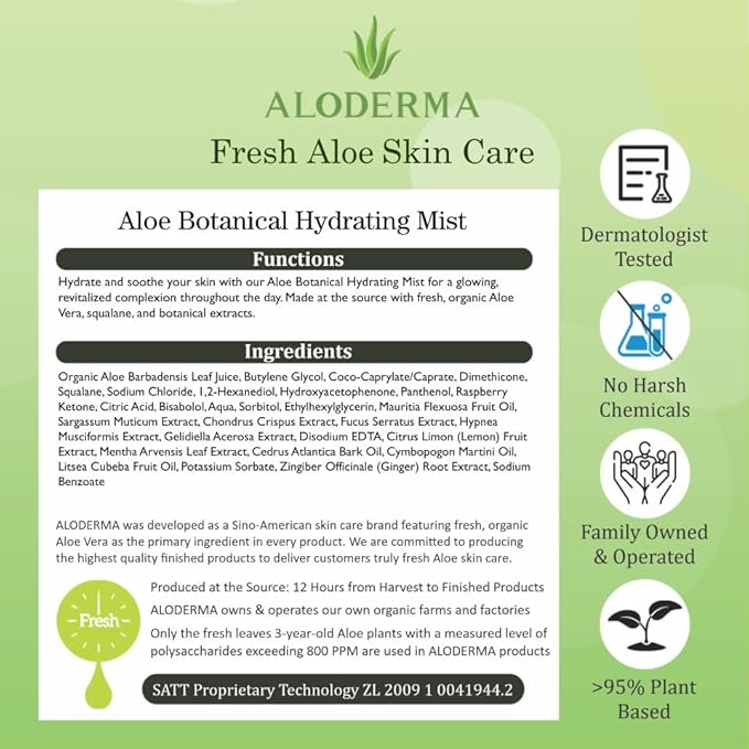 Aloderma Aloe Botanical Hydrating Mist Made with 82% Organic Aloe Vera - Soothing, Moisturizing, Lightweight Facial Spray with Panthenol - Refreshes, Invigorates Skin Throughout the Day, 120ml/4.23Oz