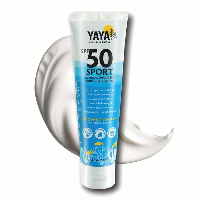 YAYA ORGANICS Sport Mineral Sunscreen Lotion, SPF 50, Reef-Friendly, Non-Nano Zinc Oxide, Water-Resistant, Pure + Hydrating, 3 oz