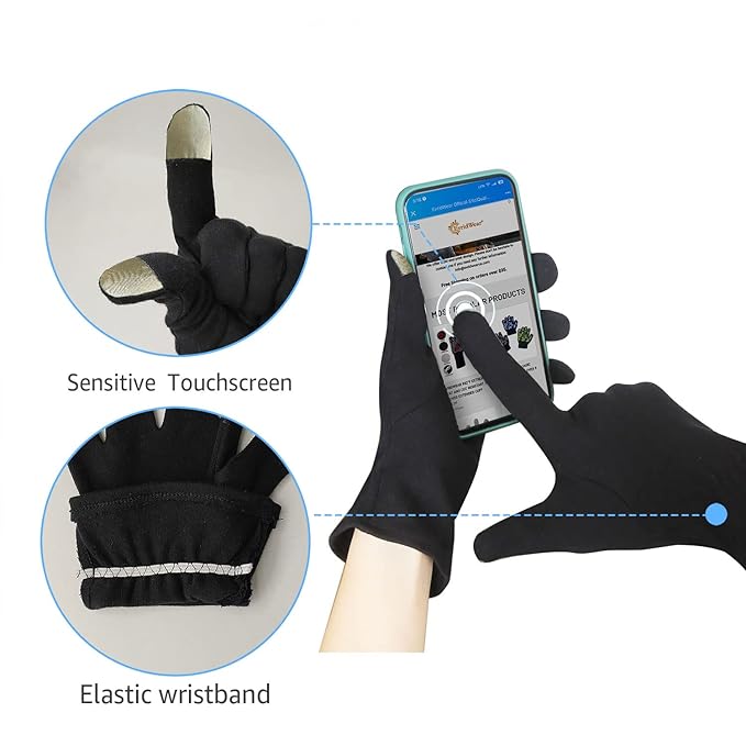 EvridWear 100% Cotton Touchscreen Moisturizing Beauty Gloves with Elastic Cuff, Natural Cosmetic Therapy Gloves for Eczema SPA Dry Hands Care Overnight (Black, Large) 2 Pairs