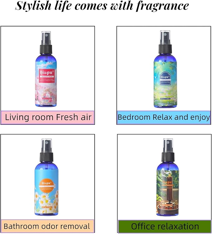 Natural Bedroom Linen Spray Scented Room Mist with Plant Extracts Long Lasting Freshness for Sheets, Pillows & Curtains –Ebony Agarwood + Misty Forest + Chamomile + Romantic Rose 4oz(4 Bottle)