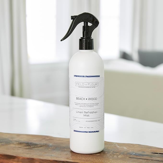 Field + Fleur by Hillhouse Naturals Beachwood Linen Refresher Mist 15.5oz - Fresh Home Fragrance Spray for Bedding, Sofas & Clothes - Peach, Orange Blossom, Moss & Sandalwood - Made in the USA