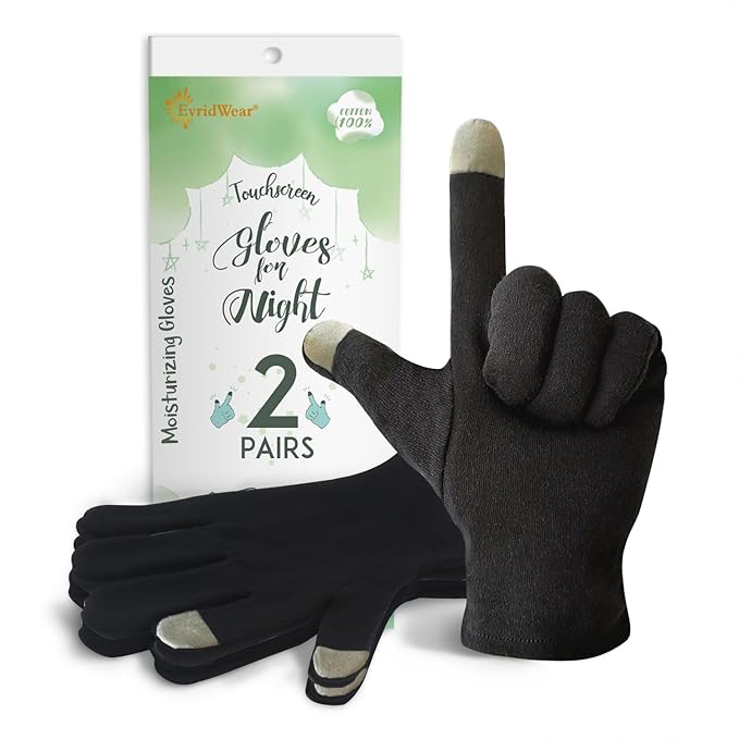 EvridWear 100% Cotton Touchscreen Moisturizing Beauty Gloves with Elastic Cuff, Natural Cosmetic Therapy Gloves for Eczema SPA Dry Hands Care Overnight (Black, Large) 2 Pairs