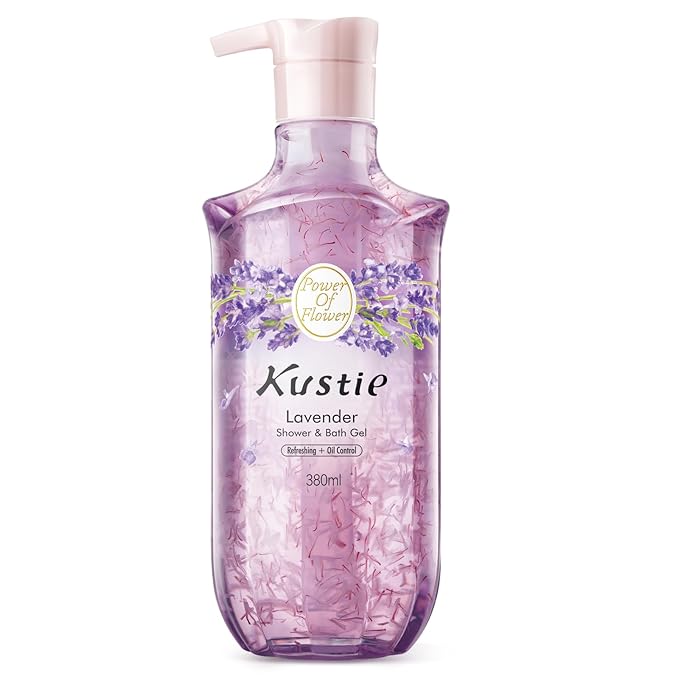 Kustie Lavender Petal Body Wash – Real Provence Petals in Clear Pump Bottle – Antibacterial, Moisturizing & Anti-Acne Shower Gel with Tea Tree Oil, 24HR Floral Scent for Sensitive Skin, 12.8 fl oz