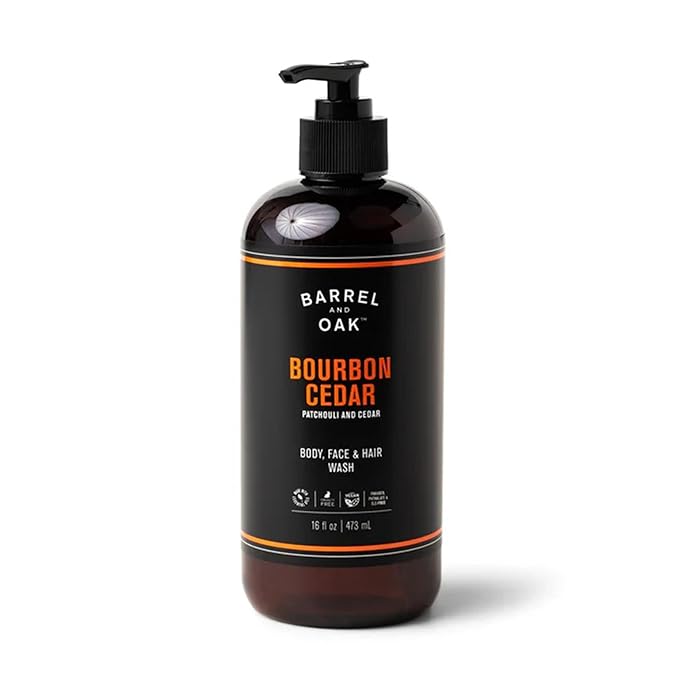 Barrel and Oak - All-In-One Body Wash, Men's Soap for Hair, Face, & Body, Essential Oil-Based Scent, Cedarwood & Bourbon, Vegan (Bourbon Cedar, 16 oz)