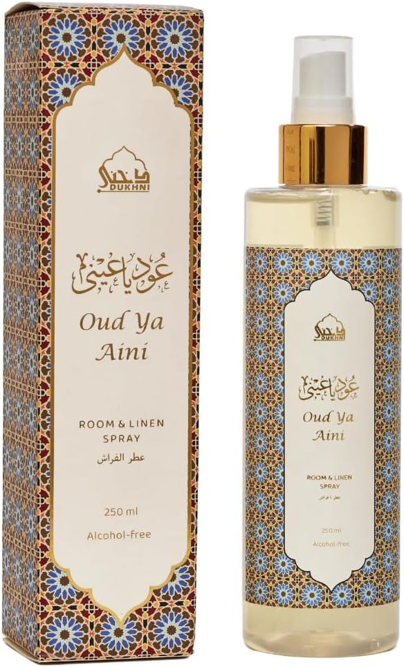 Oud ya Aini Arabic Room Spray by Dukhni | 250ml Oud fragrance Air Freshener, Attar al Faraash for home & prayer mats | Bed linen, Sofa Mist, natural home scent, curtain spray, odour eliminator
