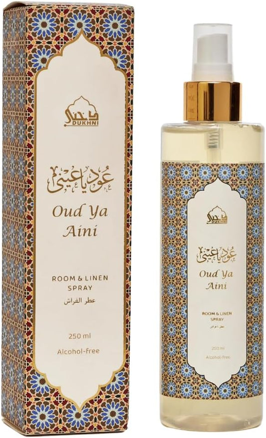 Oud ya Aini Arabic Room Spray by Dukhni | 250ml Oud fragrance Air Freshener, Attar al Faraash for home & prayer mats | Bed linen, Sofa Mist, natural home scent, curtain spray, odour eliminator