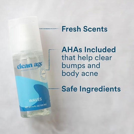 Aluminum Free Deodorant & Body Spray - Waves 4oz - Clean Deodorant and Body Spray for Teen Boys and Girls - With AHA For Body Acne
