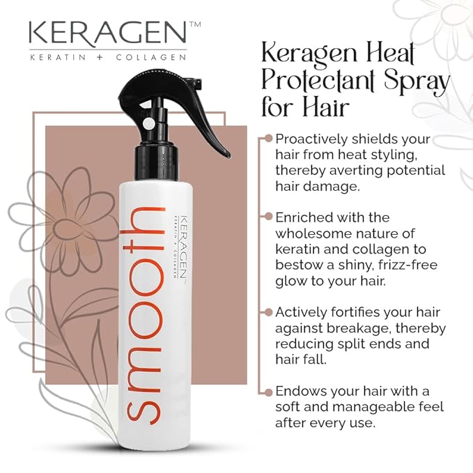 KERAGEN Heat Protectant Spray for Hair, 8 Oz – Thermal Styling for All Hair – Shiny, Frizz-Free Finish – Keratin, Collagen
