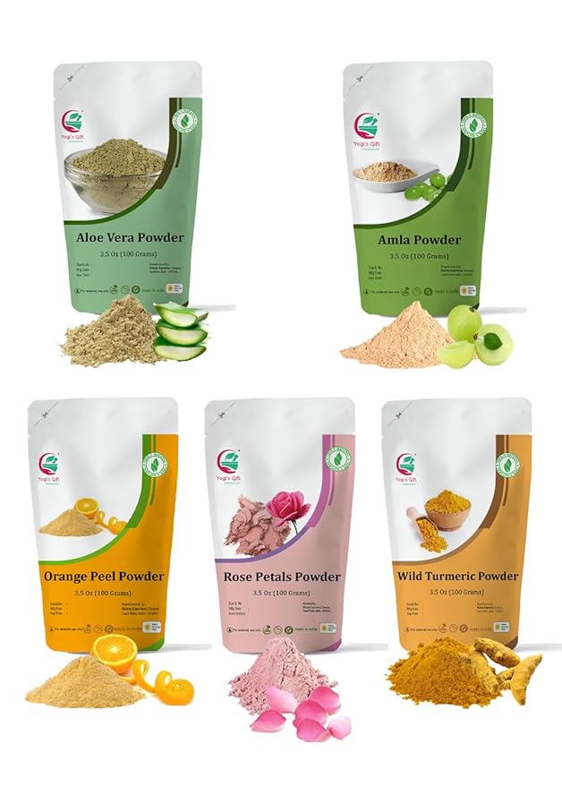 Herbal Skin Care Set | 5 powders in One Pack | Aloe vera, Amla, Orange Peel, Rose & Wild Turmeric powders | 100g Each | DIY Face Mask Powders | By Yogi's Giftยฎ
