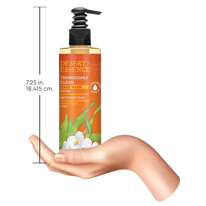 Desert Essence Thoroughly Clean Face Wash with Sea Kelp, Tea Tree Oil, Nourishing Castile Soap, Coconut Oil & More - Gently Remove Dirt & Impurities Without Drying Skin - Vegan, Sulfate Free - 8.5oz