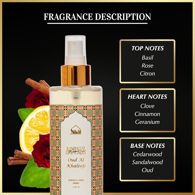 Oud al Khaleeji Arabic Room Spray by Dukhni | 250ml Oud fragrance Air Freshener, Attar al Faraash for home & prayer mats | Bed linen, Sofa Mist, natural home scent, curtain spray, odour eliminator