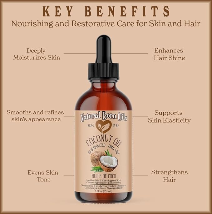 Coconut Oil Fractionated, 8oz, Organic, Cold-Pressed, Non-Greasy, Skin Moisturizer, Hair Shine Enhancer, Natural Born Oils.