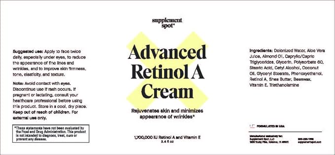 Advanced Retinol A Cream - Moisturizer w/Vitamin E, Coconut & Almond Oil- Retinol Daily Anti-Aging Cream for Face – for Smoother Looking Skin (3.4 oz)