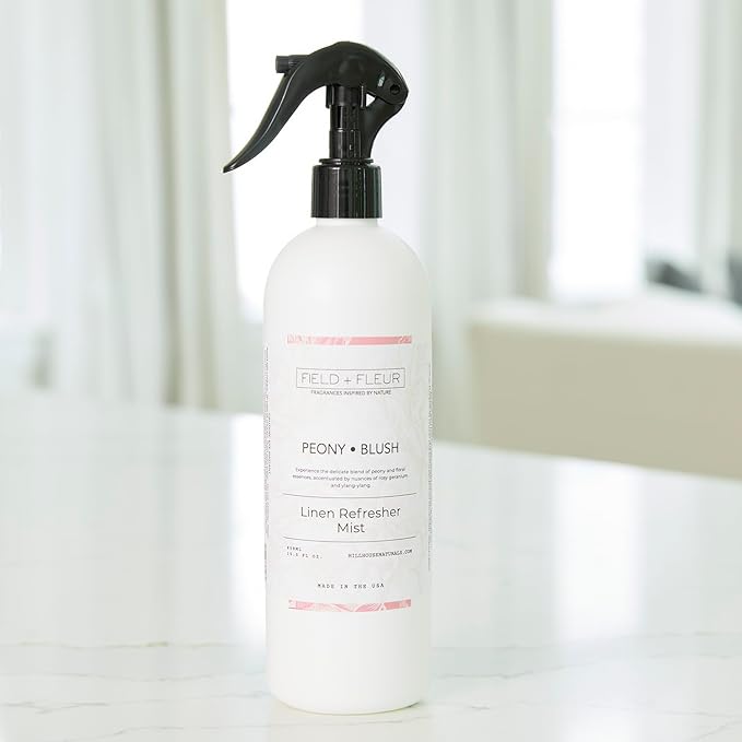 Field + Fleur by Hillhouse Naturals Peony Blush Linen Refresher Mist 15.5oz - Fresh Home Fragrance Spray for Bedding, Sofas & Clothes - Peony, Geranium & Ylang-Ylang - Made in the USA