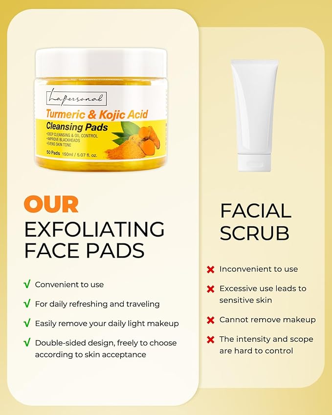 Turmeric and Kojic Acid Cleansing Face Pads – Turmeric Exfoliating Face Scrub Pads, 50 Pcs, for Mild Cleansing Exfoliation Oil Control, Suitable for All Skin Types