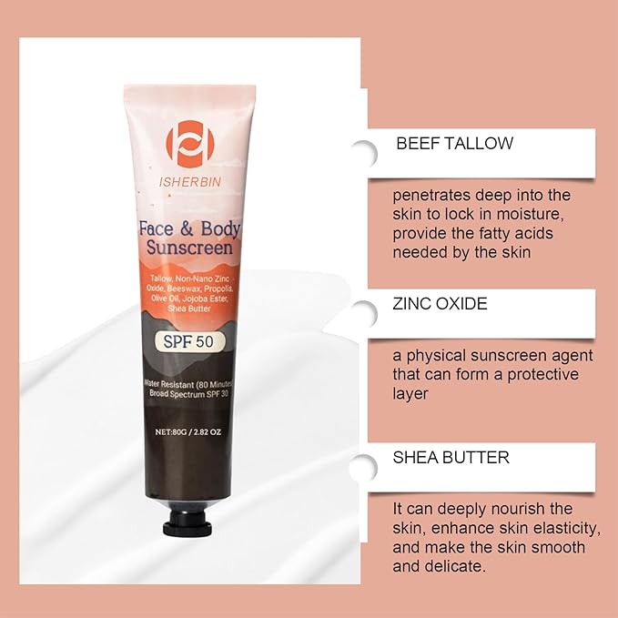 Natural Mineral Sunscreen SPF 50 - Natural Tallow & Zinc Oxide, Beef Tallow Sunscreen for Face & Body SPF 50, Lightweight under Makeup, No Sticky Travel Essentials, Summer Essentials