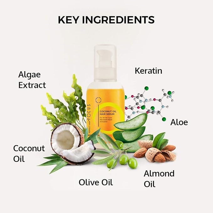 Coconut Oil Hairs Serum - Infused with Raw Virgin Olive Oil, Sweet Almond, Keratin, & Algae Extract - Rejuvenate, Strengthen and Restore Hair to Natural Beauty - 50ml (5 Pack)