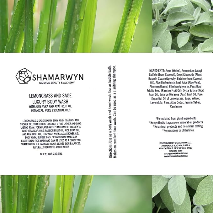 shamarwyn Body Wash, Lemongrass and Sage, Natural, Organic, Hydrating with Aloe Vera, Acaí Fruit Oil 8oz