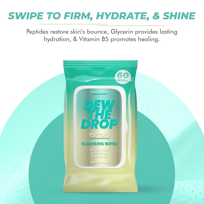 Peptides Facial Wipes - Dermatologist-Tested, Anti-Aging, Korean Skin Care, Gently Cleanses, Restores Moisture & Refreshes Skin - Clean Formula, Vegan, 95% Natural - 1 Pack