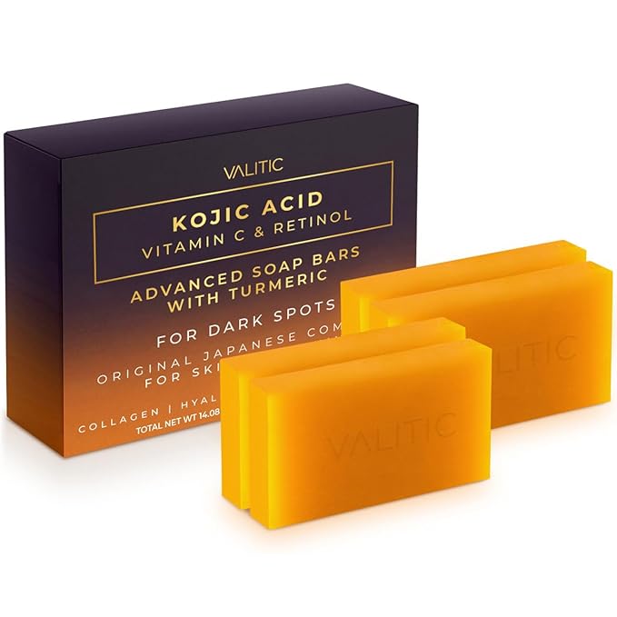VALITIC Kojic Acid Vitamin C and Retinol Soap Bars with Turmeric for Dark Spot - Original Japanese Complex Infused with Collagen, Hyaluronic Acid, and Vitamin E (4 Pack)