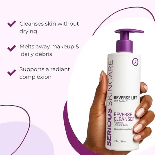 Serious Skincare Anti-Aging Reverse Lift Supportive Cleansing Balm, Hydrating Face Wash, Gentle Cleanser for Dry, Mature, Thin, Fragile Skin, Peptides - 12 Fl. Oz.