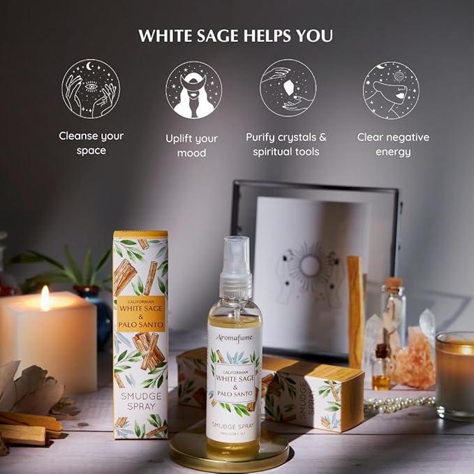 Aromafume White Sage & Palo Santo Smudge Spray 100ml/3.3 oz | Sage Spray for Cleansing Negative Energy & Protection | Non-Toxic | Room Spray for Spiritual Cleansing, Smokeless Sage Smudging