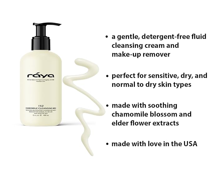 Raya Chamomile Facial Cleansing Milk 16 oz (152) | Gentle, Soap-Free Fluid Cleanser and Make-Up Removing Lotion for Dry and Sensitive Skin | Helps Calm Irritations and Refine Pores