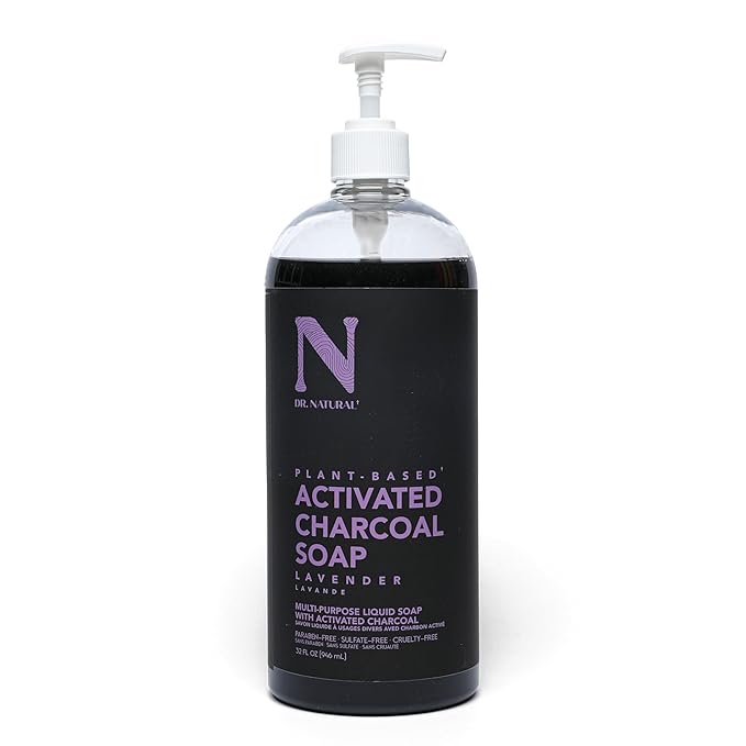 Dr. Natural Activated Charcoal Liquid Soap - Anti Acne and Blemishes - Deep Cleansing Body Wash - Gentle Body Soap for Clear Skin - Lavender - 32 oz..