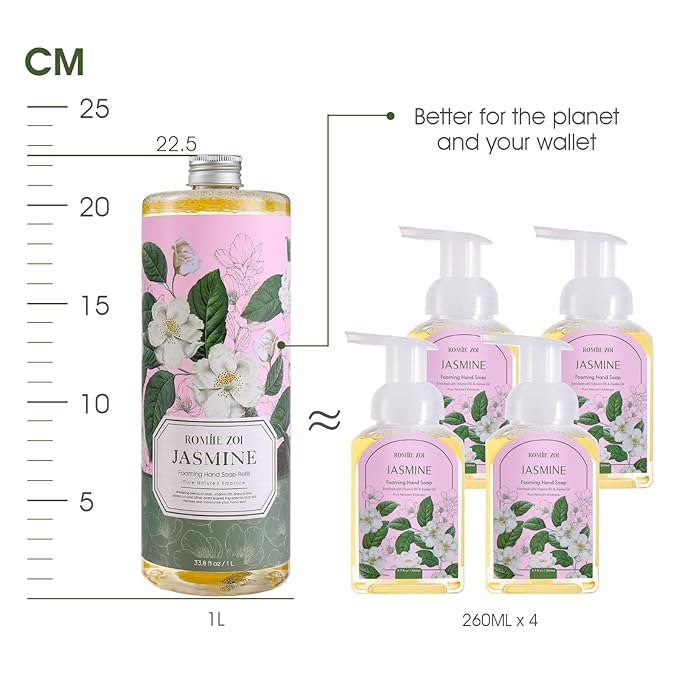 Natural Jasmine Foaming Hand Soap Refills 3-Pack (33.8 Fl Oz Each) with Dispenser - Plant-Based, Non-Toxic, Large Volume for Kitchen, Bathroom - Great Value Gift Set for Housewarming