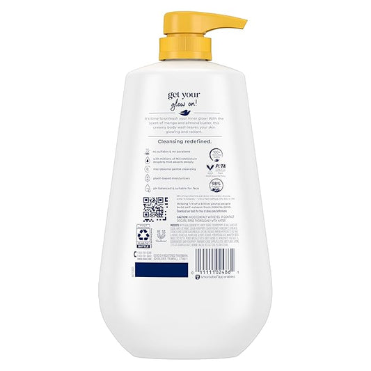 Dove Body Wash with Pump Glow Mango & Almond Butter For 24hr Lotion-Soft Skin Moisturizing Skin Cleanser with No Sulfates No Parabens 30.6 oz