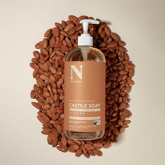 Dr. Natural Castile Liquid Soap - Multi-Use Body Wash, Shampoo and Face Wash - Hydrating Body Soap for Skin, Hair, Pets and Home - Almond - 2 pc