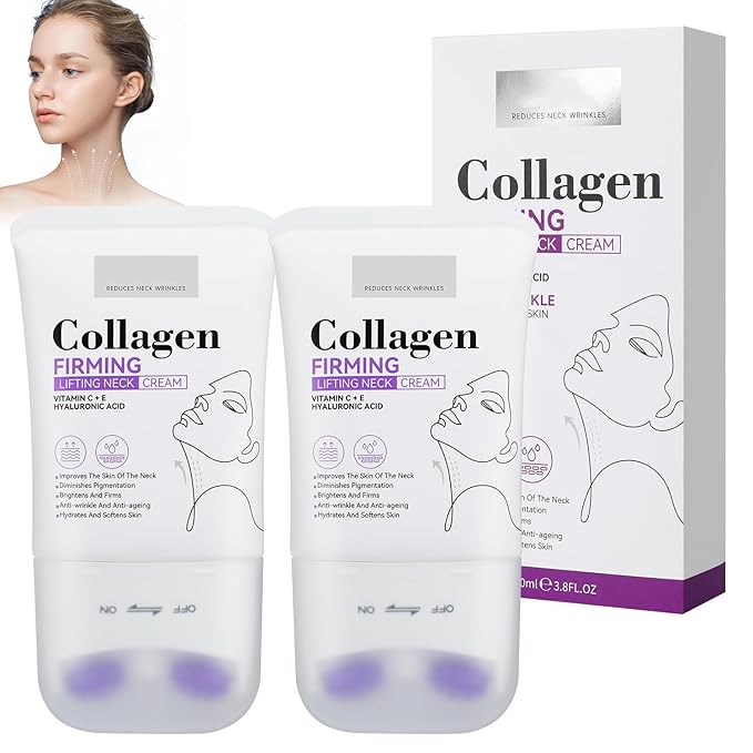 2Pcs Neck Collagen Cream with Roller,Lift Neck Firming Cream, for Tightening and Firming Sagging Skin, Moisturizing Body Cream Reduces the Look of Fine Lines and Wrinkles