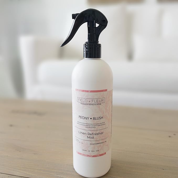 Field + Fleur by Hillhouse Naturals Peony Blush Linen Refresher Mist 15.5oz - Fresh Home Fragrance Spray for Bedding, Sofas & Clothes - Peony, Geranium & Ylang-Ylang - Made in the USA