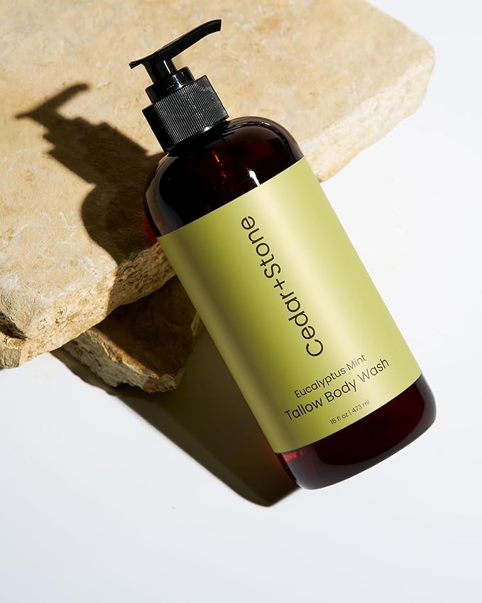 Cedar + Stone Tallow Body Wash – Liquid Tallow Soap & Shower Gel with USDA Organic Oils – Deeply Moisturizing, Sulfate-Free Cleanser for Sensitive Skin – Eucalyptus & Mint – Made in USA, 16oz