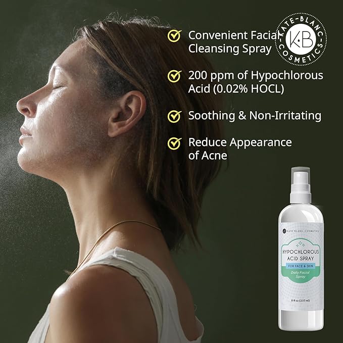 Kate Blanc Cosmetics Hypochlorous Acid Spray for Face and Skin. Gentle Facial Cleanser for Acne-Prone & Sensitive Skin with .02% HOCl (8oz)
