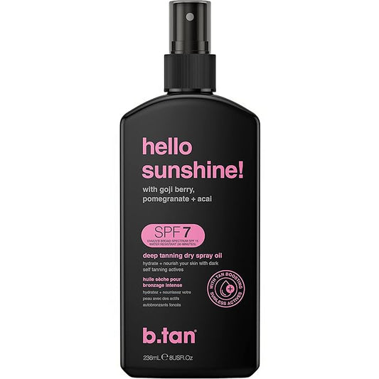 b.tan SPF 7 Tanning Oil | Hello Sunshine - Deep Suntan Dry Spray, Best Outdoor Browning Body Mist, Packed with Moisturizing Goji Berry, Pomegranate + Açai, Austrailian Brand, 8 Fl Oz