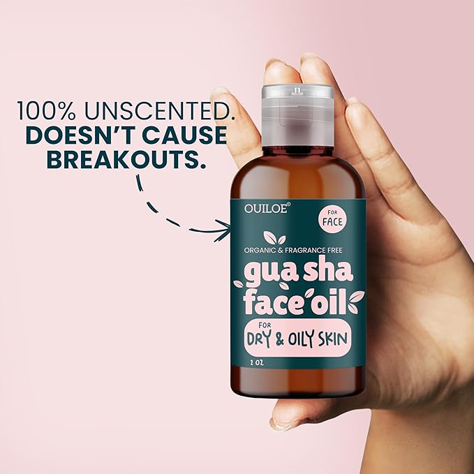 Guasha Oil for Oily Skin - Face Oil for Gua Sha Lymphatic Massage - Safe for Acne Prone Skin - Natural, Non Comedogenic, Fragrance Free and Lightweight - Use with Gua Sha Facial Tools, 2oz